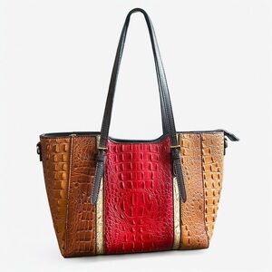Tri-Color Faux Croc Embossed Tote Bag Red Brown Cream